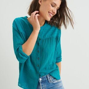 Pilcro Anthropologie Mila Draped Buttondown Turquoise Small Blouse Top Boho